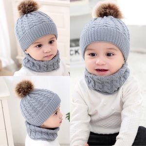 Infant/Baby Gray Hat with Pom Pom & Ring Scarf